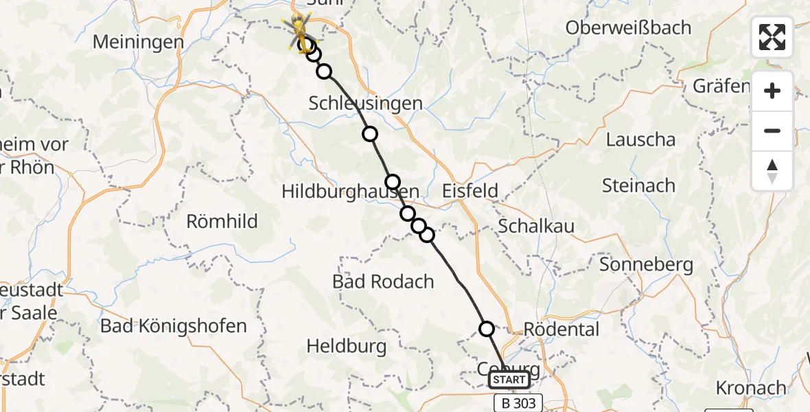 Flugroute Rettungshubschrauber Coburg - Suhl, 21 Mai 2026, 06:49