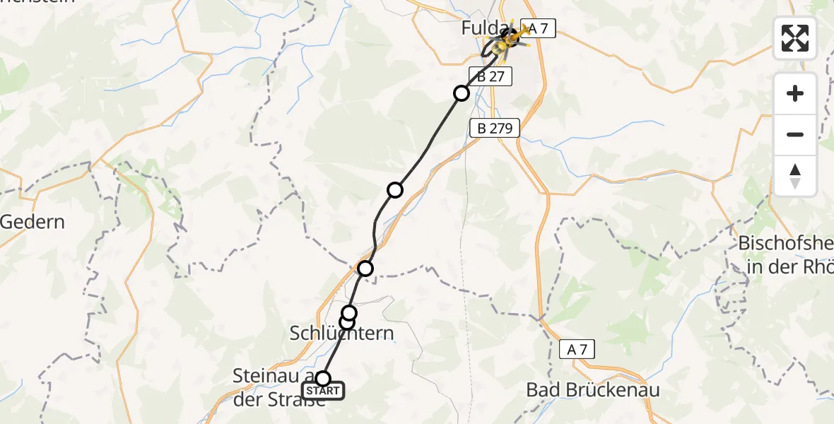 Flugroute Rettungshubschrauber Steinau an der Straße - Fulda Hospital, 21 Mai 2026, 06:55