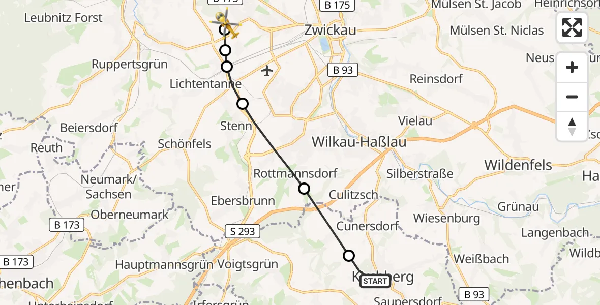Flugroute Rettungshubschrauber Kirchberg - ADAC Air Rescue Station Zwickau Hubschrauberlandeplatz, 21 Mai 2026, 06:59