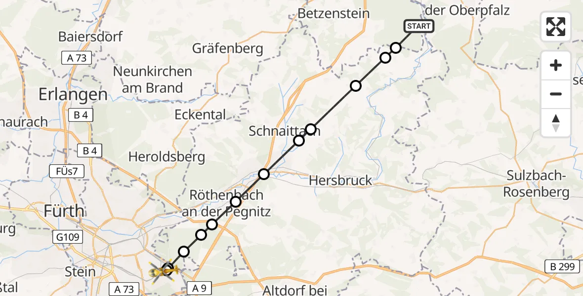 Flugroute Ambulanzhubschrauber Veldensteiner Forst - Nürnberg South Hospital, 21 Mai 2026, 06:59