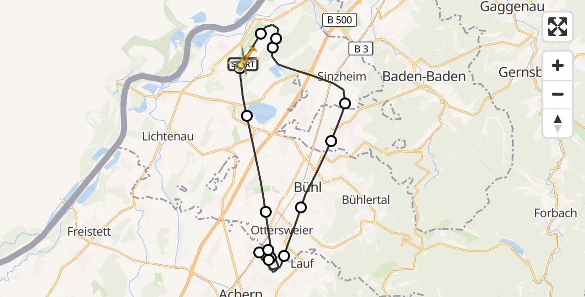 Flugroute Ambulanzhubschrauber Karlsruhe Baden-Baden Flughafen - Karlsruhe Baden-Baden Flughafen, 21 Mai 2026, 07:02