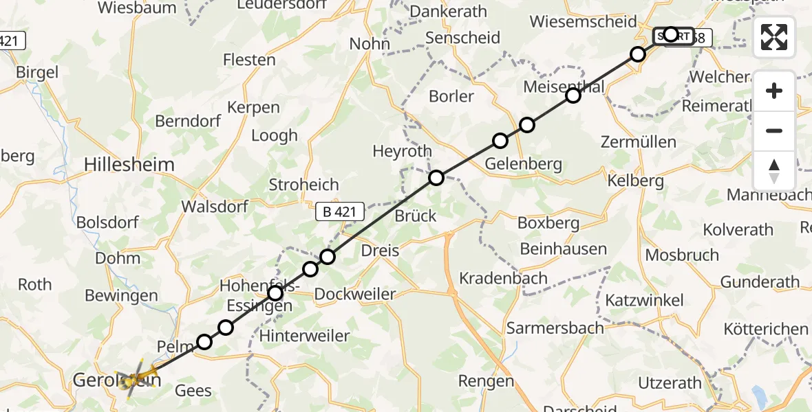 Flugroute Ambulanzhubschrauber Nürburgring Hubschrauberlandeplatz - Gerolstein, 21 Mai 2026, 07:06