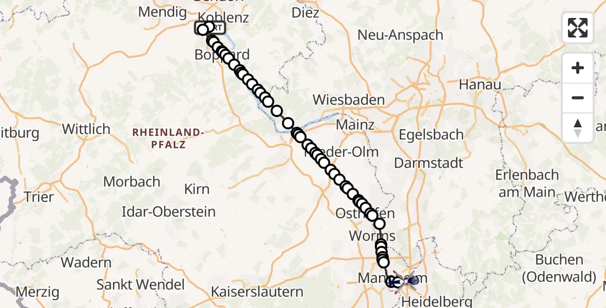 Flugroute Polizeihubschrauber Koblenz-Winningen Flugplatz - Mannheim-City Flughafen, 21 Mai 2026, 07:08