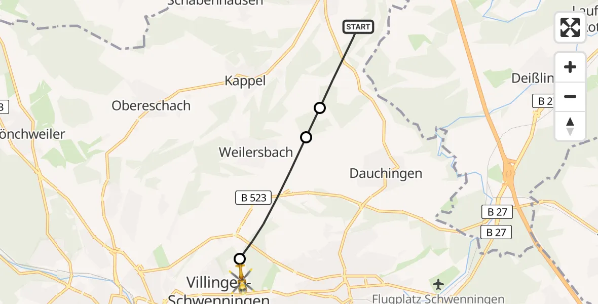 Flugroute Ambulanzhubschrauber Niedereschach - DRF Air Rescue Station Villingen-Schwenningen Hubschrauberlandeplatz (Christoph 11), 21 Mai 2026, 07:23