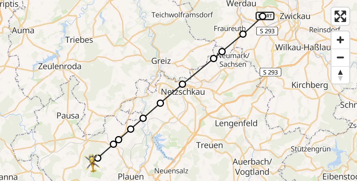 Flugroute Rettungshubschrauber ADAC Air Rescue Station Zwickau Hubschrauberlandeplatz - Rosenbach/Vogtl., 21 Mai 2026, 07:26