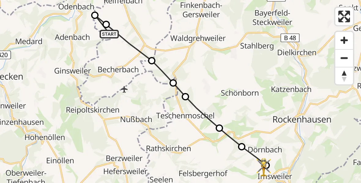 Flugroute Rettungshubschrauber Becherbach - Imsweiler UL, 21 Mai 2026, 07:33