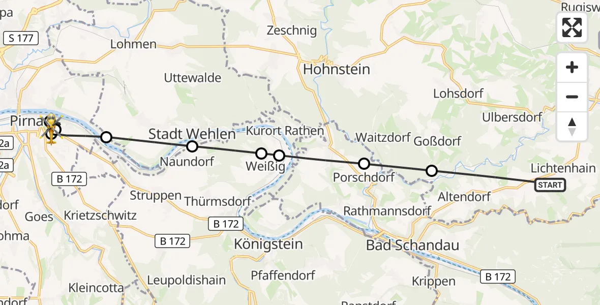 Flugroute Rettungshubschrauber Sebnitz - Pirna Hospital, 21 Mai 2026, 07:34