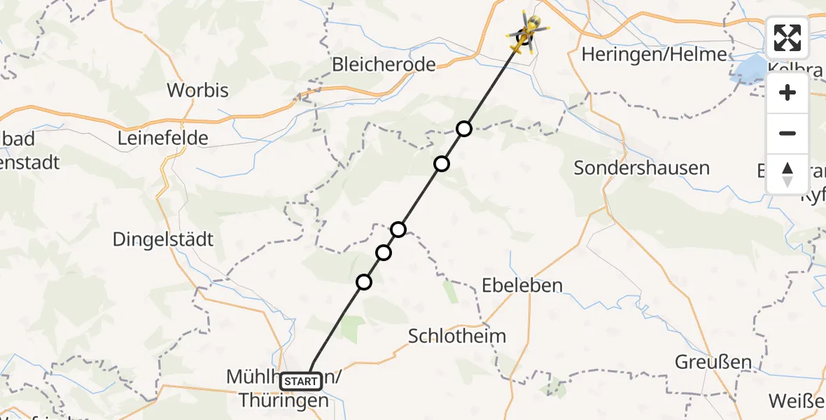 Flugroute Rettungshubschrauber Mühlhausen/Thüringen - Werther, 21 Mai 2026, 07:34