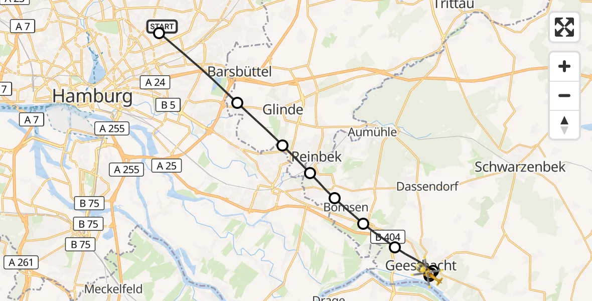 Flugroute Rettungshubschrauber Hamburg Military Hospital - Geesthacht, 21 Mai 2026, 07:37