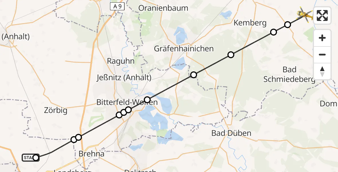Flugroute Rettungshubschrauber Halle-Oppin Flugplatz - Kemberg, 21 Mai 2026, 07:39