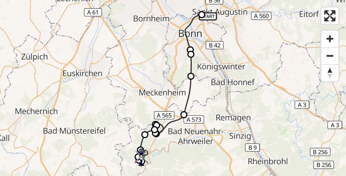 Flugroute Polizeihubschrauber Sankt Augustin - Altenahr, 21 Mai 2026, 07:44