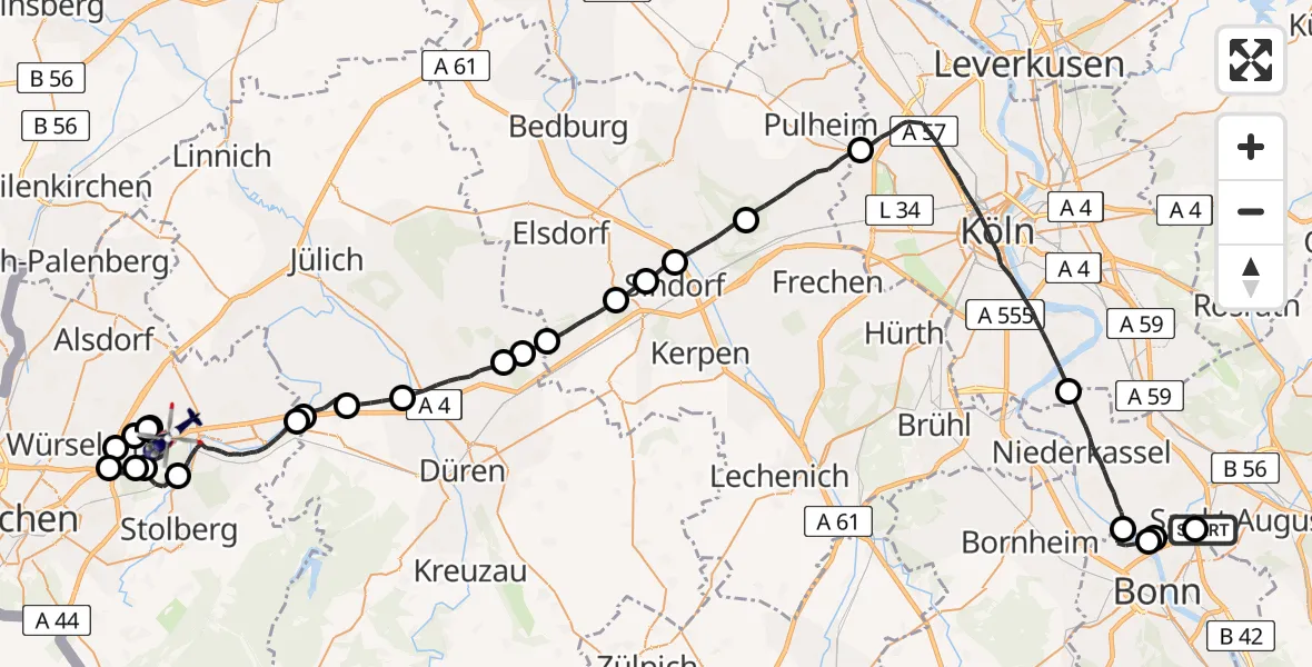 Flugroute Polizeihubschrauber Sankt Augustin - Eschweiler, 21 Mai 2026, 07:45
