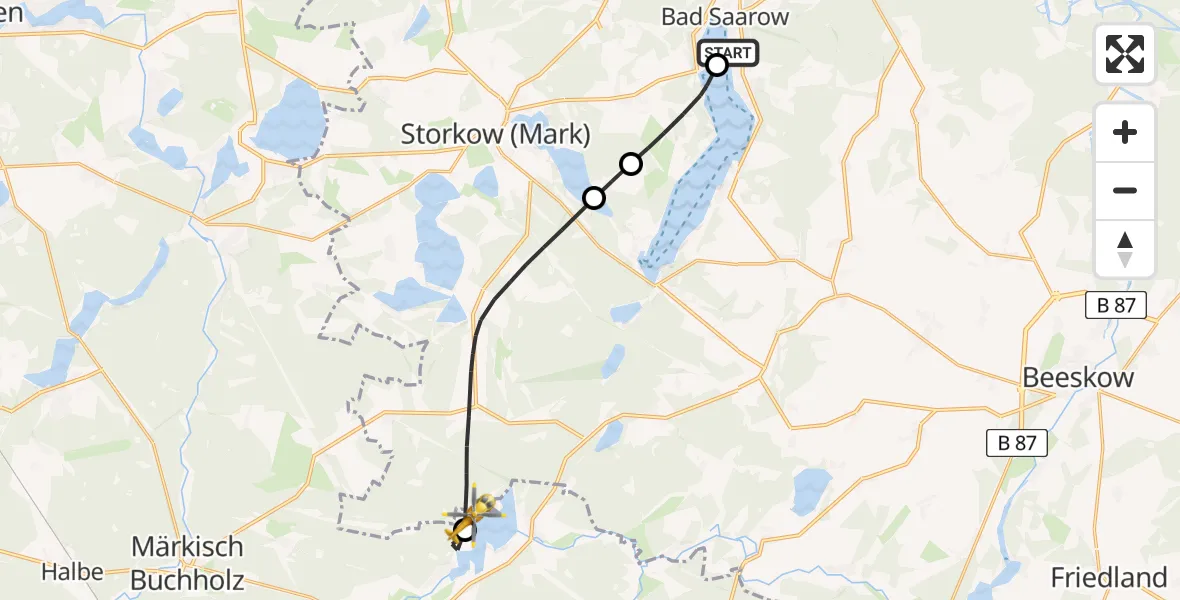 Flugroute Rettungshubschrauber Bad Saarow Hospital - Storkow (Mark), 21 Mai 2026, 07:50