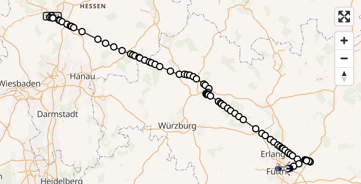 Flugroute Polizeihubschrauber Gießen-Lützellinden Flugplatz - Flughafen Nuremberg, 21 Mai 2026, 07:50