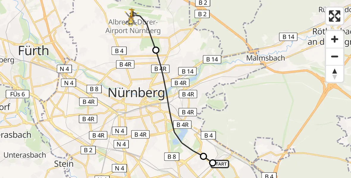 Flugroute Ambulanzhubschrauber Nürnberg South Hospital - Flughafen Nuremberg, 21 Mai 2026, 07:56