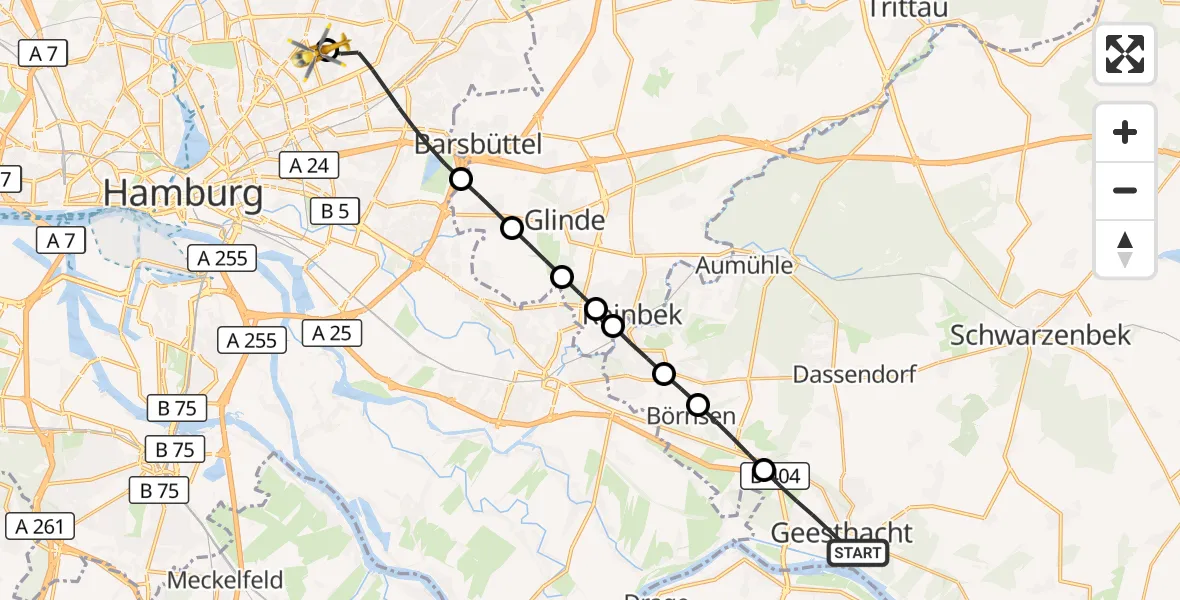 Flugroute Rettungshubschrauber Geesthacht - Hamburg Military Hospital, 21 Mai 2026, 08:02