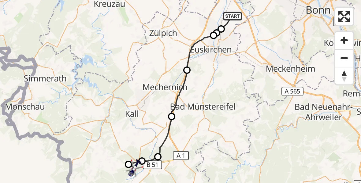 Flugroute Polizeihubschrauber Weilerswist - Dahlem, 21 Mai 2026, 08:06