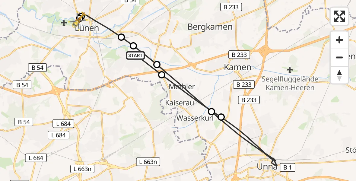 Flugroute Rettungshubschrauber Lünen - Sankt Marien Hospital, 21 Mai 2026, 08:07