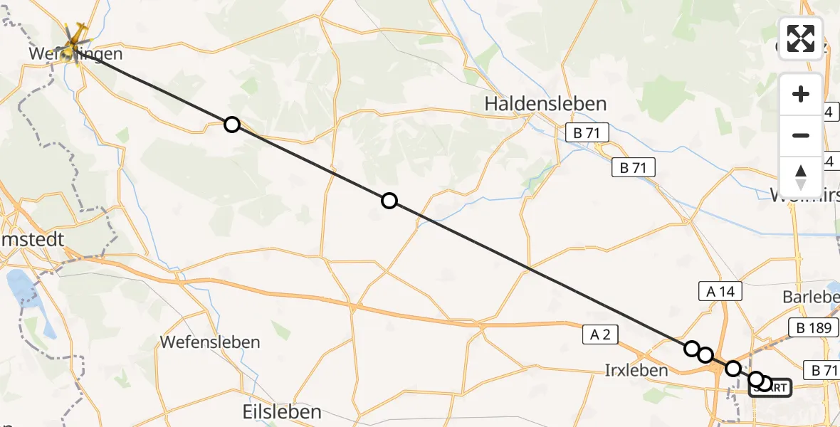Flugroute Rettungshubschrauber Magdeburg Hospital - Oebisfelde-Weferlingen, 21 Mai 2026, 08:07