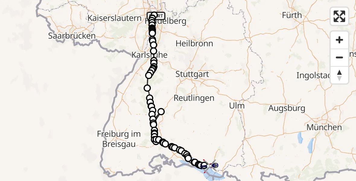 Flugroute Polizeihubschrauber Mannheim-City Flughafen - Friedrichshafen, 21 Mai 2026, 08:09