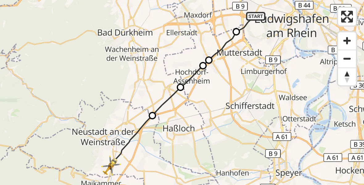 Flugroute Rettungshubschrauber Ludwigshafen am Rhein - Neustadt an der Weinstraße, 21 Mai 2026, 08:13
