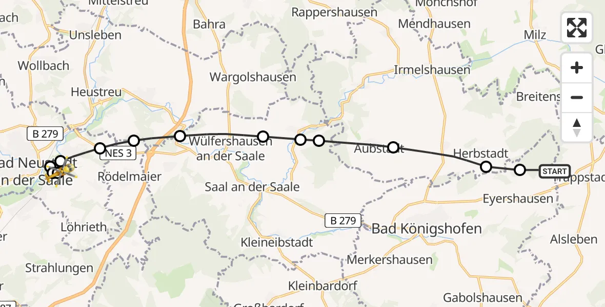 Flugroute Rettungshubschrauber Trappstadt - Bad Neustadt an der Saale Hospital, 21 Mai 2026, 08:13