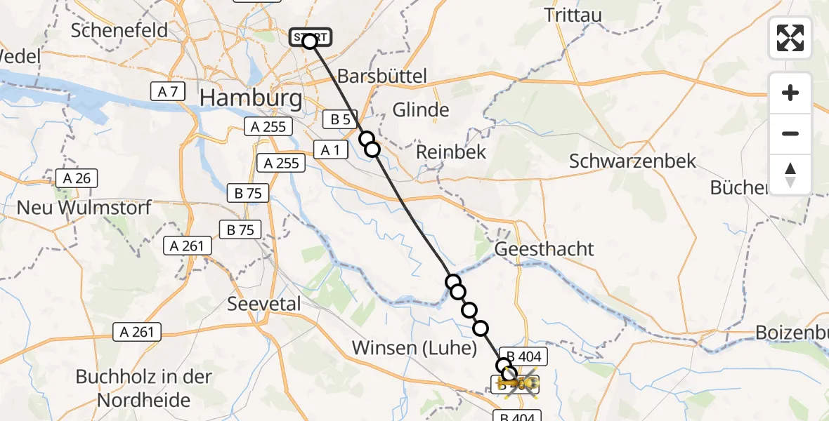 Flugroute Rettungshubschrauber Hamburg Military Hospital - Handorf, 21 Mai 2026, 08:15