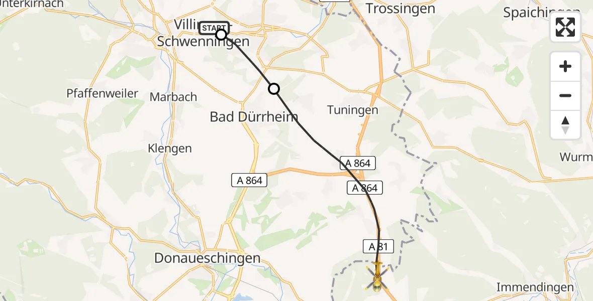 Flugroute Ambulanzhubschrauber DRF Air Rescue Station Villingen-Schwenningen Hubschrauberlandeplatz (Christoph 11) - Geisingen, 21 Mai 2026, 08:19