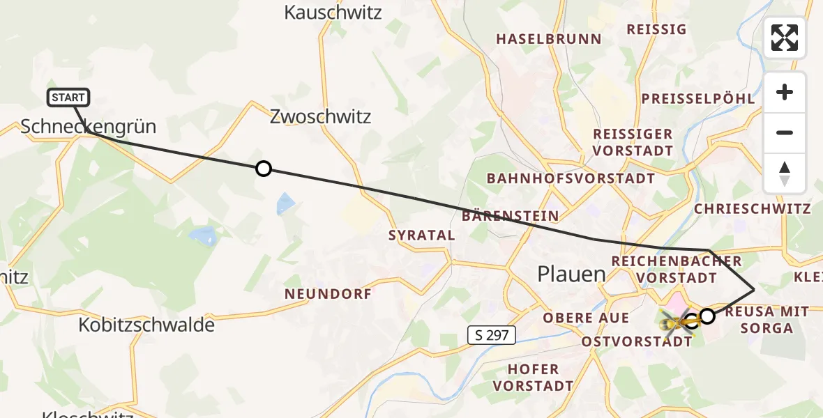 Flugroute Rettungshubschrauber Rosenbach/Vogtl. - Helios Clinic Plauen, 21 Mai 2026, 08:20