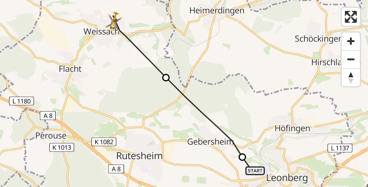 Flugroute Rettungshubschrauber Leonberg Hospital - Weissach, 21 Mai 2026, 08:25