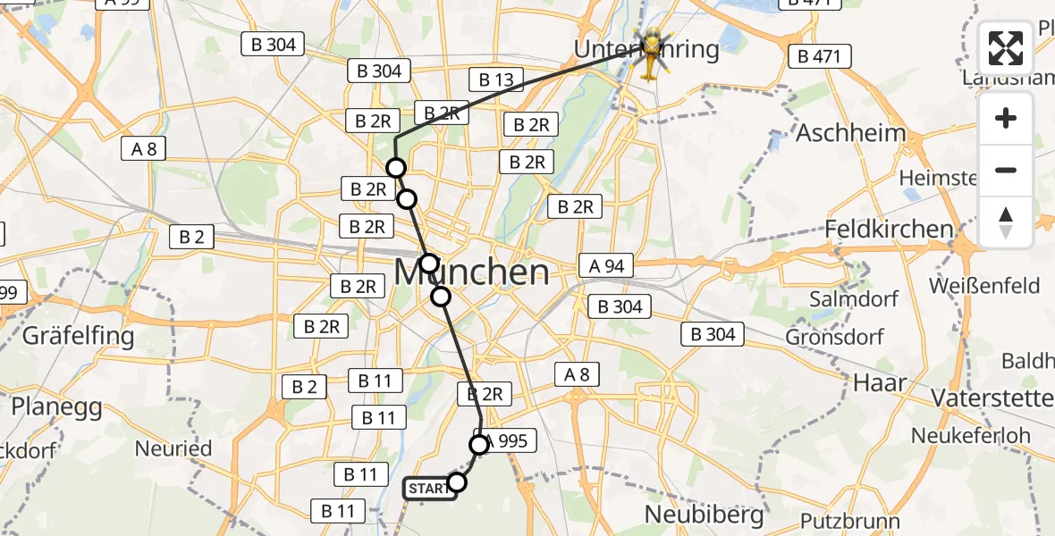 Flugroute Rettungshubschrauber ADAC Air Rescue Center Hubschrauberlandeplatz (Christoph 1) - Unterföhring, 21 Mai 2026, 08:27