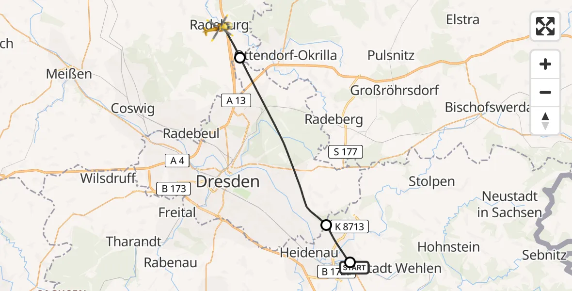 Flugroute Rettungshubschrauber Pirna Hospital - Radeburg, 21 Mai 2026, 08:27