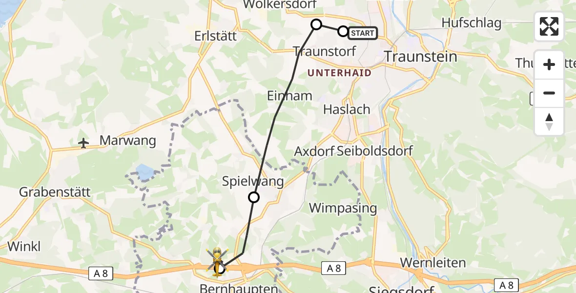 Flugroute Rettungshubschrauber Traunstein Hospital - Bergen, 21 Mai 2026, 08:28