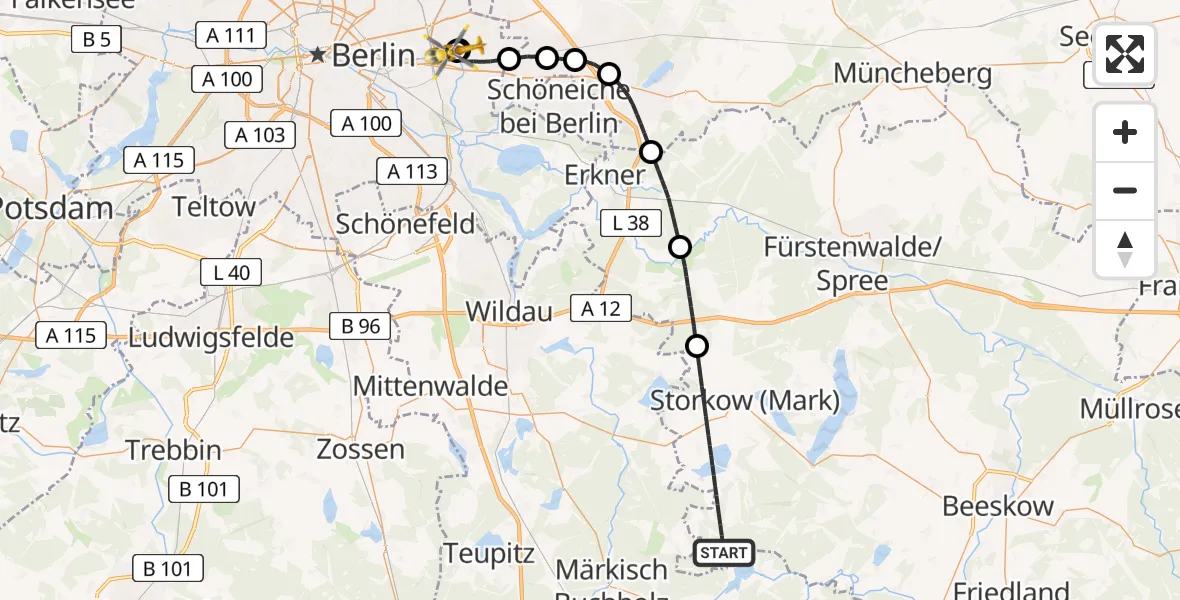 Flugroute Rettungshubschrauber Storkow (Mark) - Berlin Emergency Hospital, 21 Mai 2026, 08:29