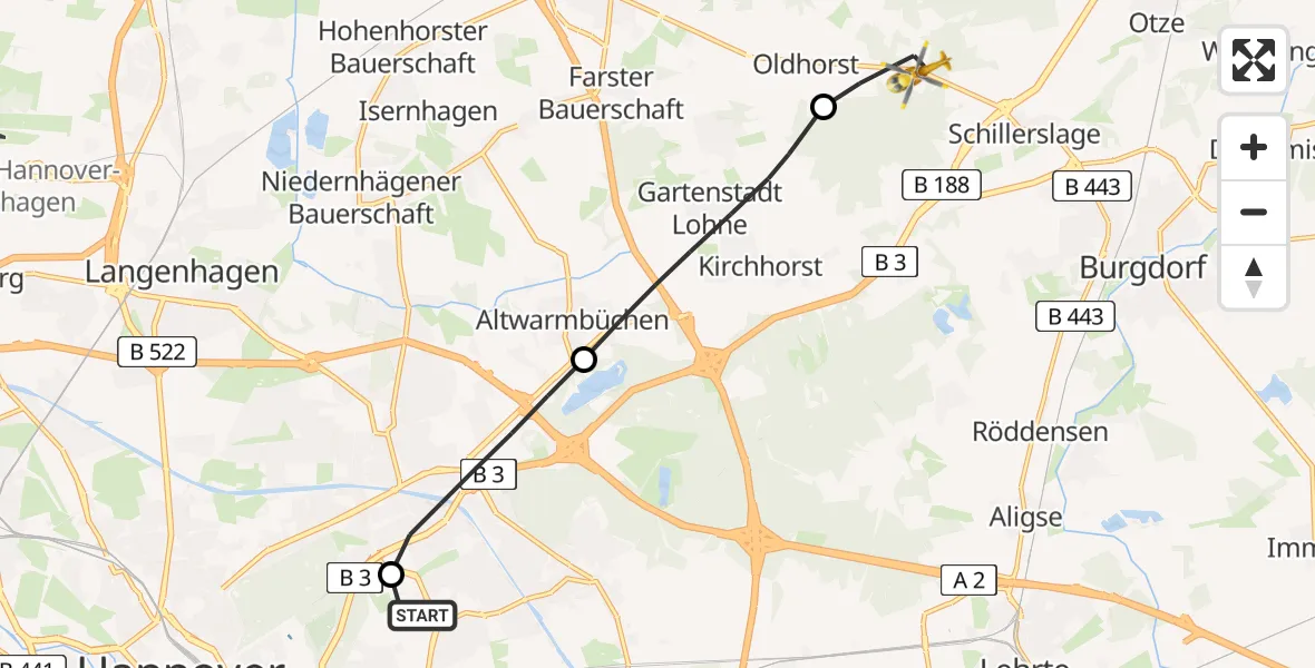Flugroute Rettungshubschrauber Hannover Luftrettung Hubschrauberlandeplatz (Christoph 4) - Burgwedel, 21 Mai 2026, 08:32