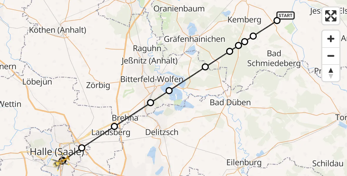 Flugroute Rettungshubschrauber Kemberg - BG Hospital Bergmannstrost Halle, 21 Mai 2026, 08:35