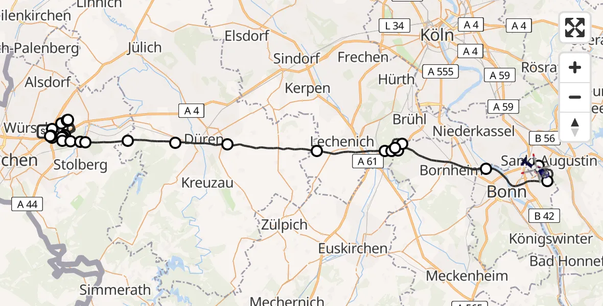 Flugroute Polizeihubschrauber Würselen - Bonn-Hangelar Flugplatz, 21 Mai 2026, 08:44