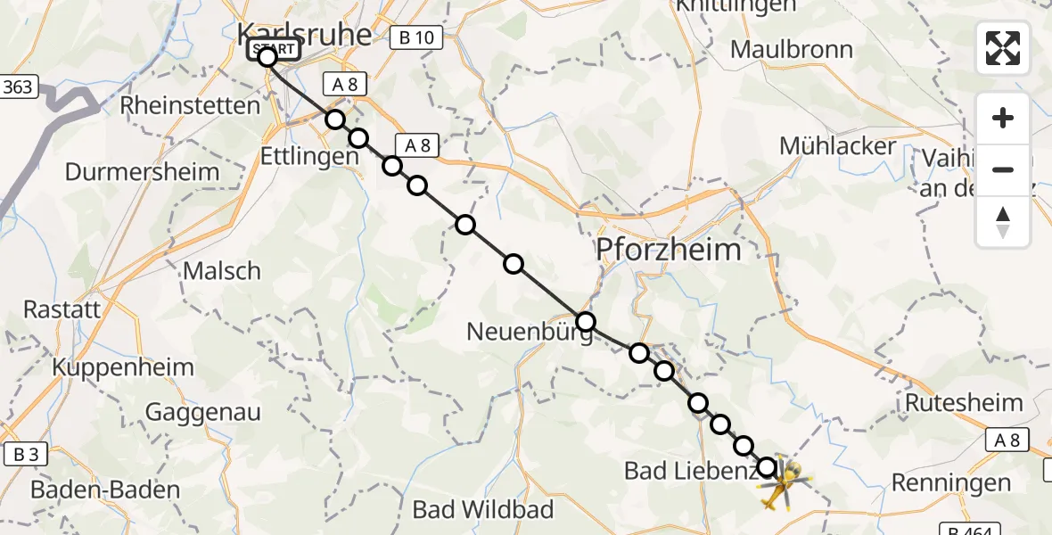 Flugroute Rettungshubschrauber Sankt Vincentius Hospital - Bad Liebenzell, 21 Mai 2026, 08:45
