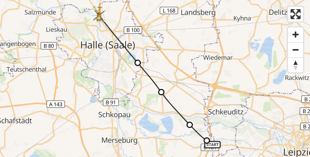 Flugroute Rettungshubschrauber ADAC Air Rescue Station Leipzig/Schkeuditz-Dölzig Hubschrauberlandeplatz (Christoph 61) - Halle (Saale), 21 Mai 2026, 08:47