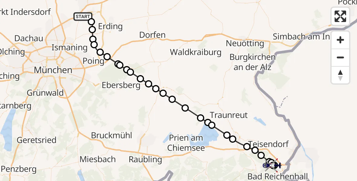Flugroute Polizeihubschrauber München Flughafen - Piding, 21 Mai 2026, 08:48