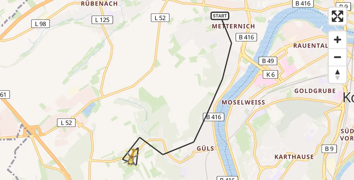 Flugroute Rettungshubschrauber Koblenz - Koblenz, 21 Mai 2026, 08:49