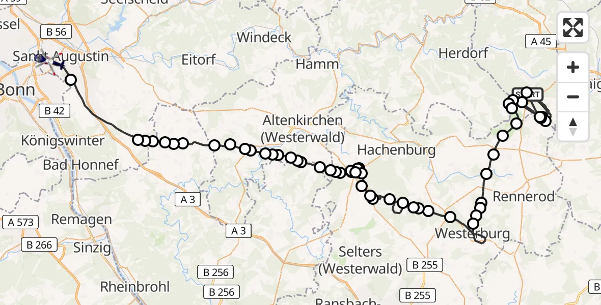Flugroute Polizeihubschrauber Burbach - Bonn-Hangelar Flugplatz, 21 Mai 2026, 08:51
