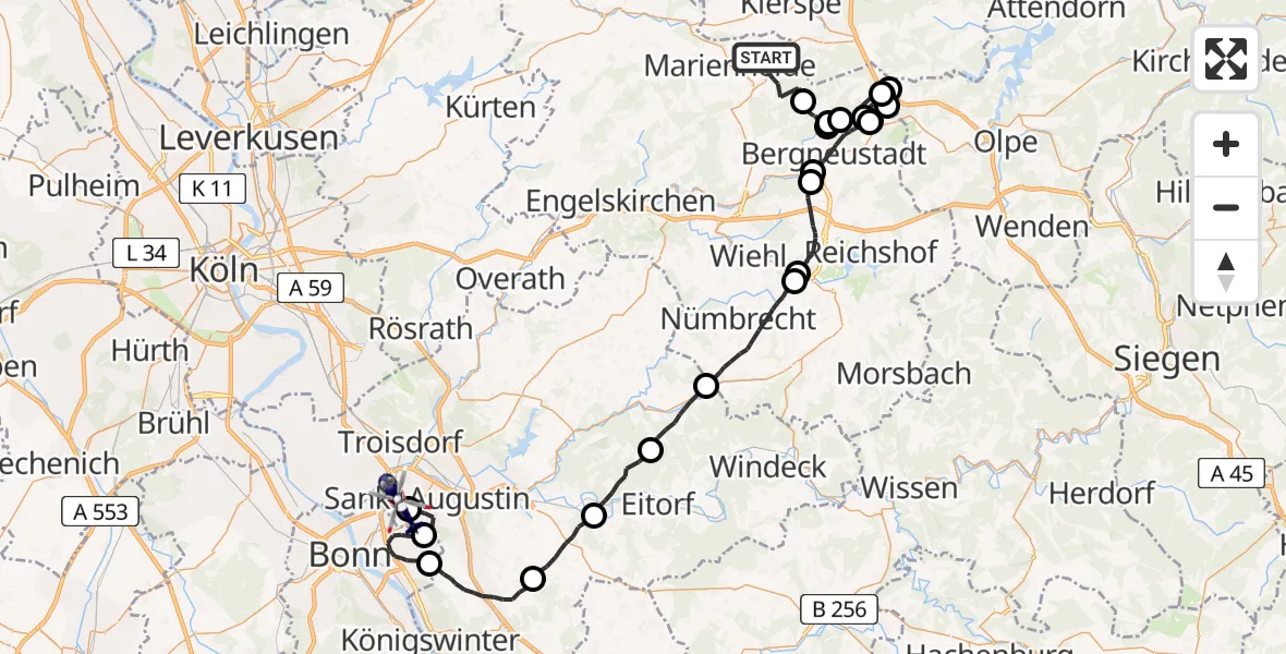 Flugroute Polizeihubschrauber Marienheide - Bonn-Hangelar Flugplatz, 21 Mai 2026, 08:52