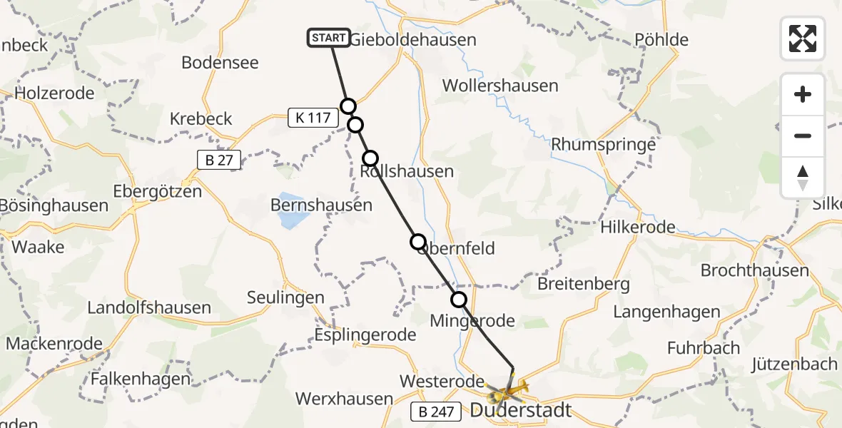 Flugroute Rettungshubschrauber Gieboldehausen - Duderstadt, 21 Mai 2026, 08:53