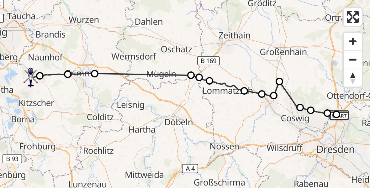 Flugroute Polizeihubschrauber Dresden Flughafen - Rötha, 21 Mai 2026, 08:58