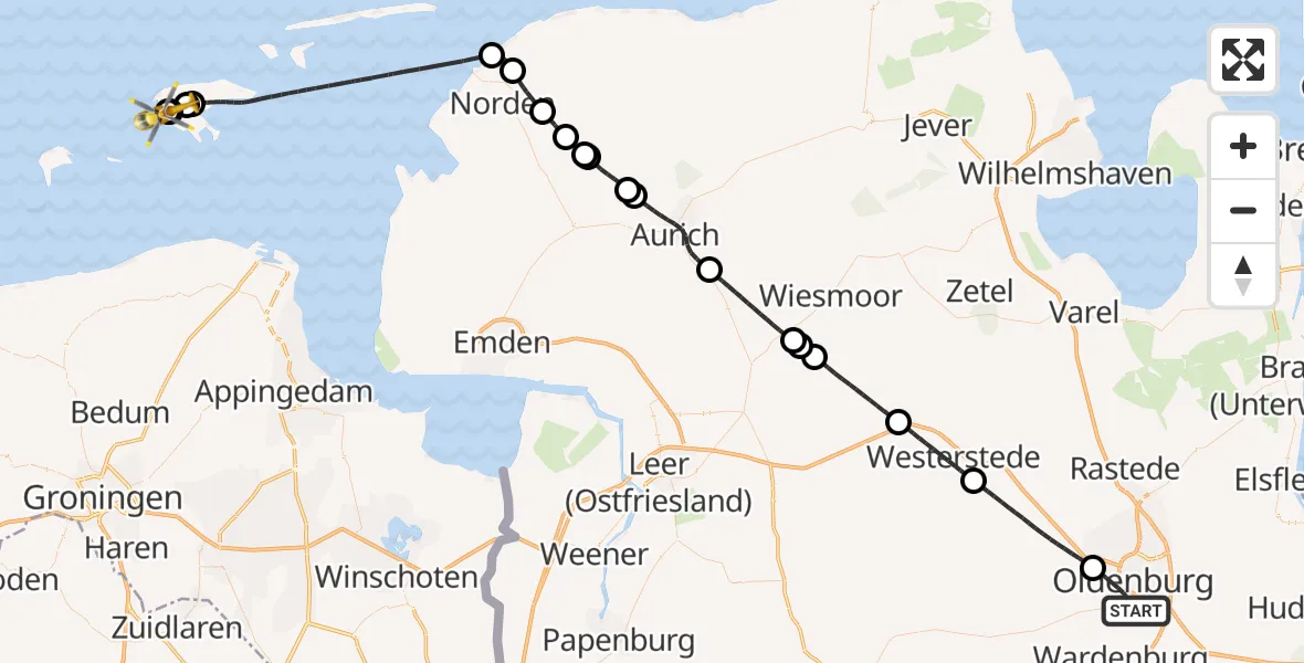 Flugroute Ambulanzhubschrauber Oldenburg (Oldb) - Borkum Island Hospital, 21 Mai 2026, 08:59