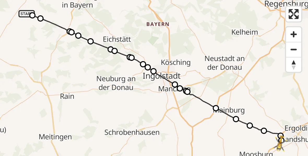 Flugroute Rettungshubschrauber Westheim - Landshut, 21 Mai 2026, 09:02