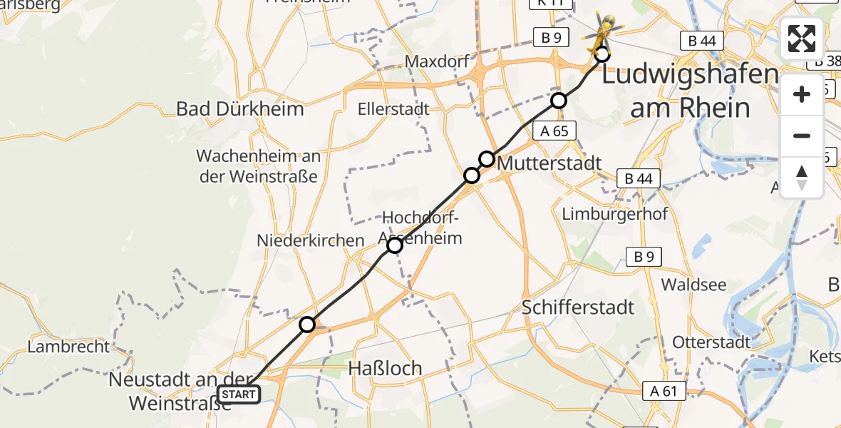 Flugroute Rettungshubschrauber Neustadt an der Weinstraße - Ludwigshafen am Rhein, 21 Mai 2026, 09:03