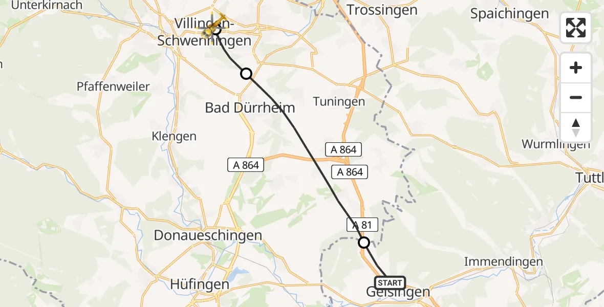 Flugroute Ambulanzhubschrauber Geisingen - DRF Air Rescue Station Villingen-Schwenningen Hubschrauberlandeplatz (Christoph 11), 21 Mai 2026, 09:05