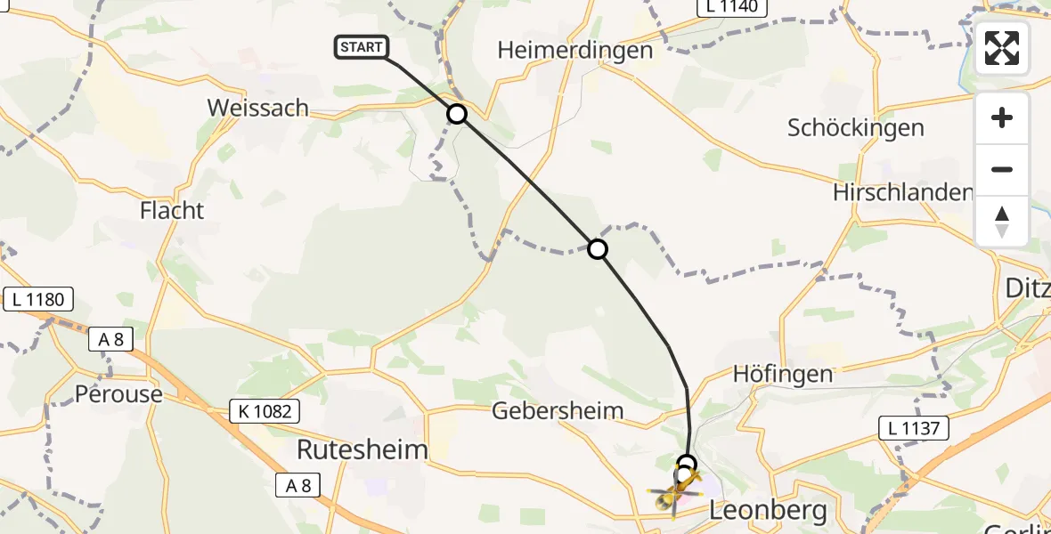 Flugroute Rettungshubschrauber Weissach - Leonberg Hospital, 21 Mai 2026, 09:07